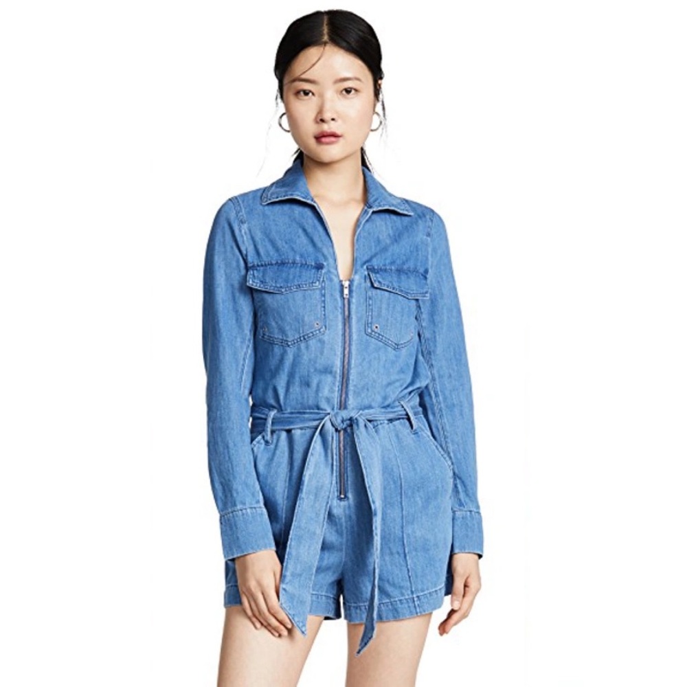 Veronica Beard Light Denim Zip Front Tie-Waist Romper